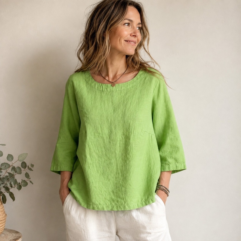 Womens Green 100% Linen Relaxed Top Size 1X Coastal Lagenlook Minimal